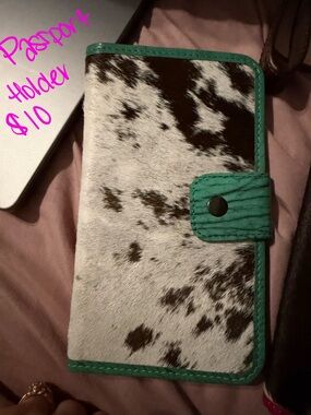 Cowhide Passport Holder with Teal Trim
